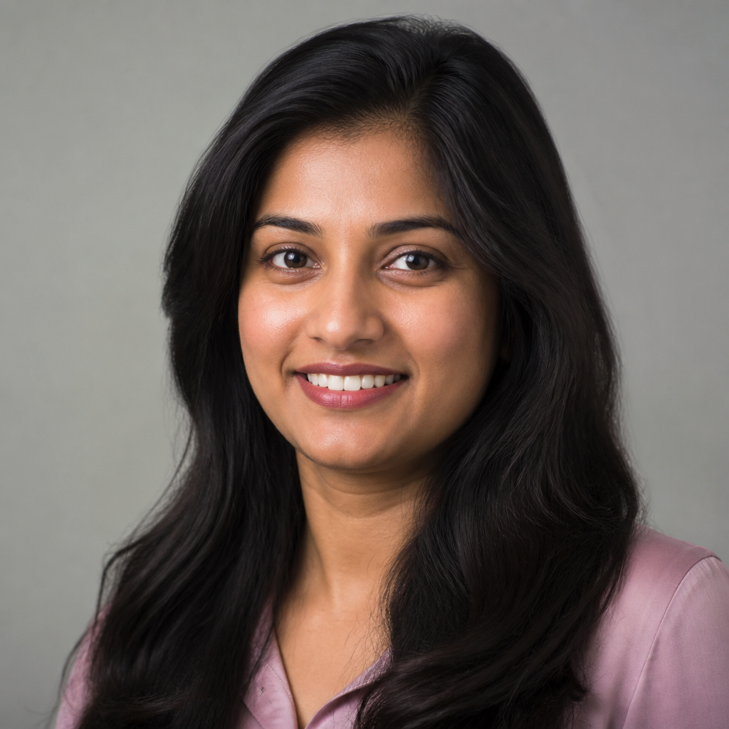 Warm portrait of a smiling Indian woman with long dark hair, soft golden hour lighting, relaxed pose, shallow depth of field, joyful natural expression