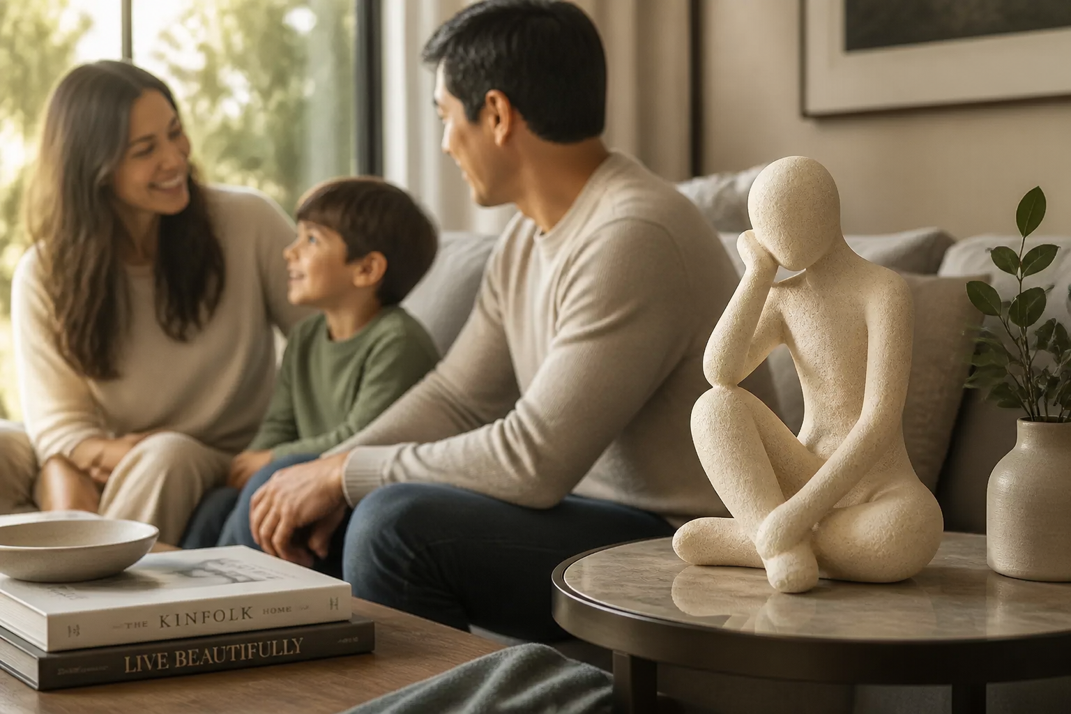 A heartwarming family scene in a bright living room with morning sunlight streaming through windows, the Abstract Thinker Accent visible on a side table as family members share a quiet moment together