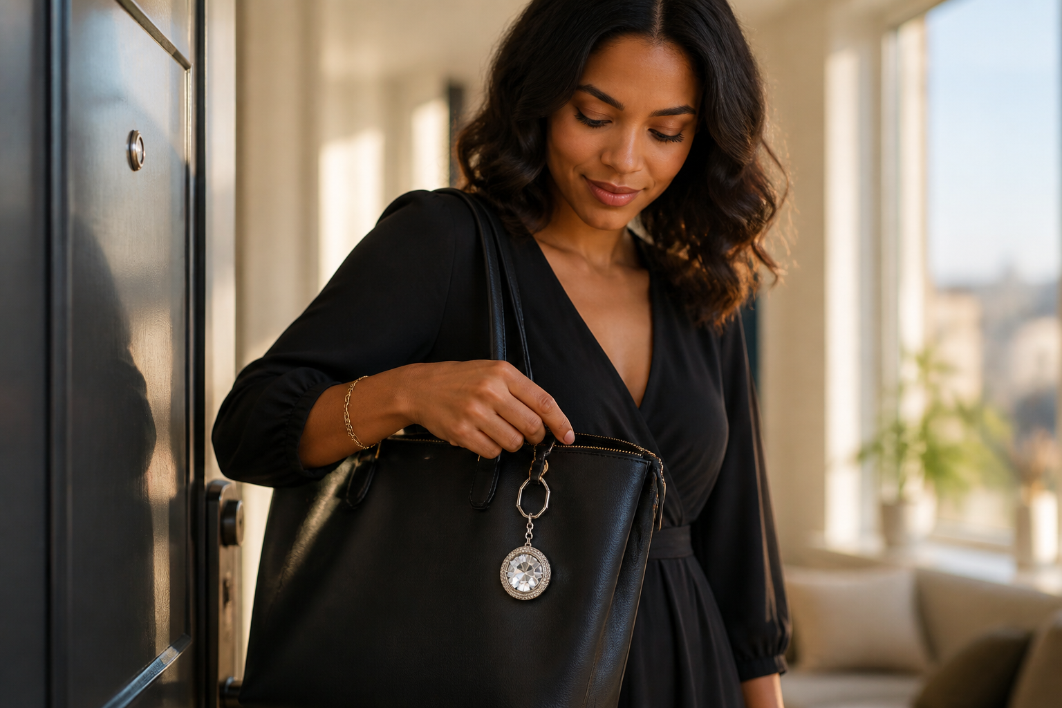 Cinematic lifestyle shot of a confident woman in a black dress leaving her apartment, picking up a designer handbag adorned with a sparkling Swarovski charm in soft morning light