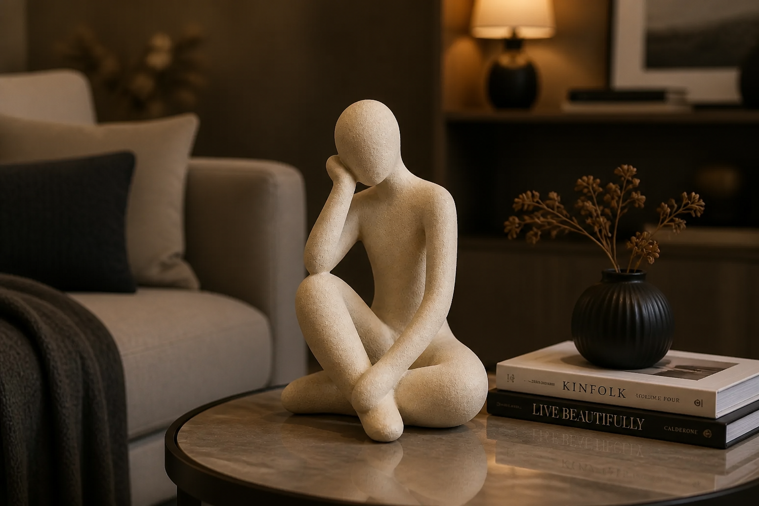 Final hero image of the Abstract Thought Thinker Accent Resin showing multiple styling options visible across different home settings with cinematic warm lighting