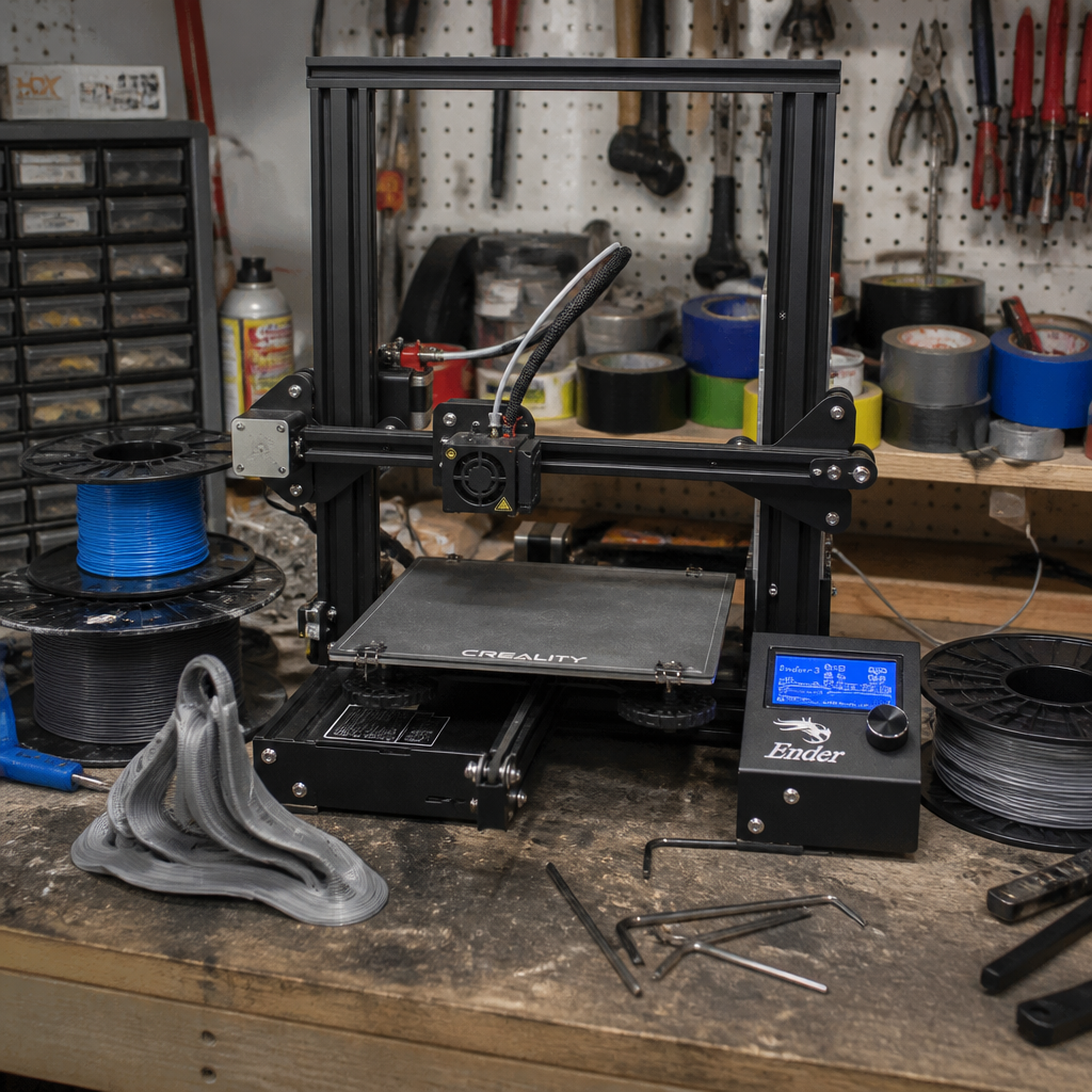 A cluttered garage workbench scene showing an older open-frame 3D printer surrounded by loose filament spools, scattered hex keys, tape, and a visibly warped failed test print, all in flat unflattering garage lighting