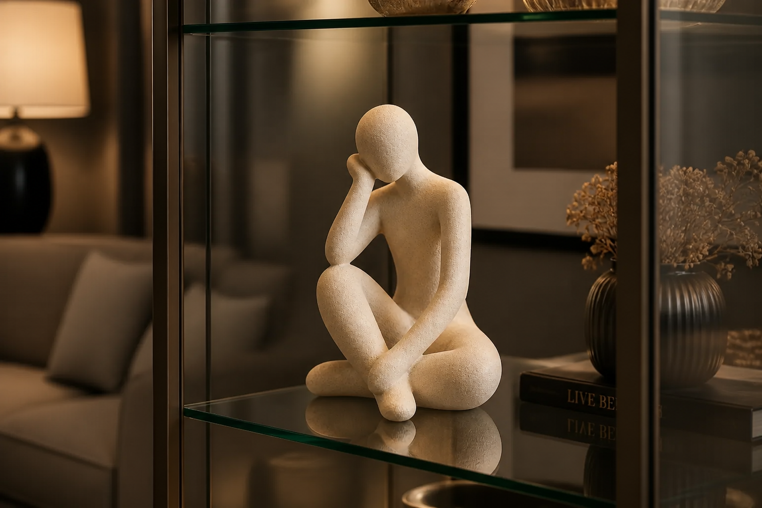 The same elegant living room now featuring the Abstract Thought Thinker Accent displayed beautifully in the glass cabinet as a centerpiece