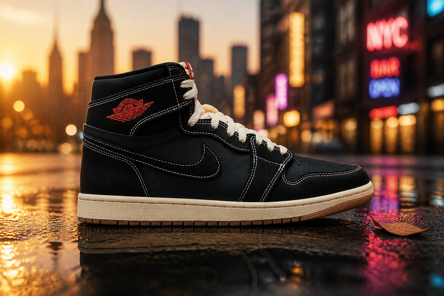 Cinematic golden-hour hero shot of the Nike Total 90 Premium sneaker resting on wet city pavement with neon reflections and a blurred urban skyline in the background