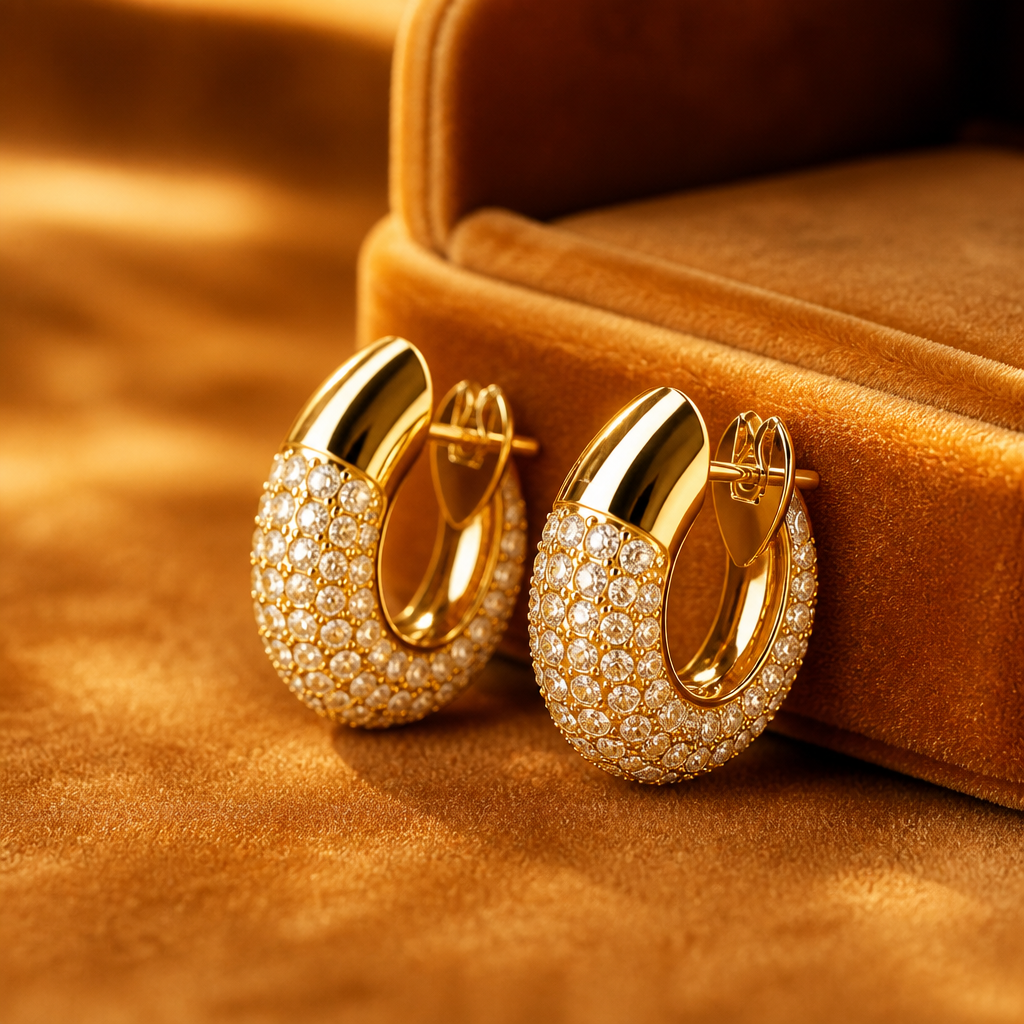 Still life composition of Dextera hoops resting beside a velvet jewelry box in warm amber tones