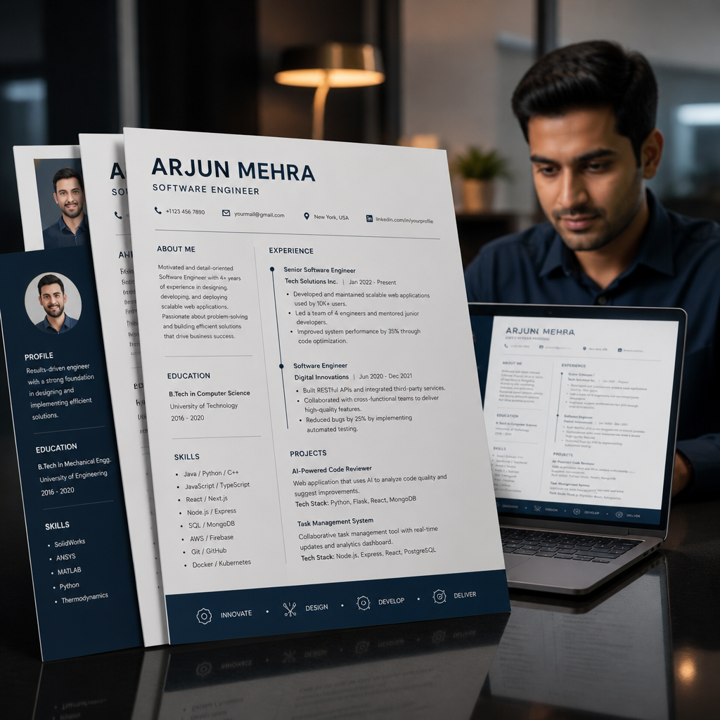 Confident Indian professional reviewing a clean modern resume on a sleek laptop with soft warm focused lighting in a contemporary office