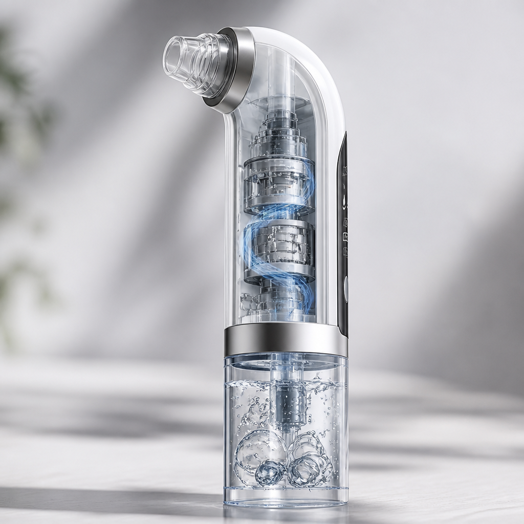 Detailed close-up view of the blackhead vacuum suction mechanism showing internal air pump technology with visible airflow chambers and precision probes