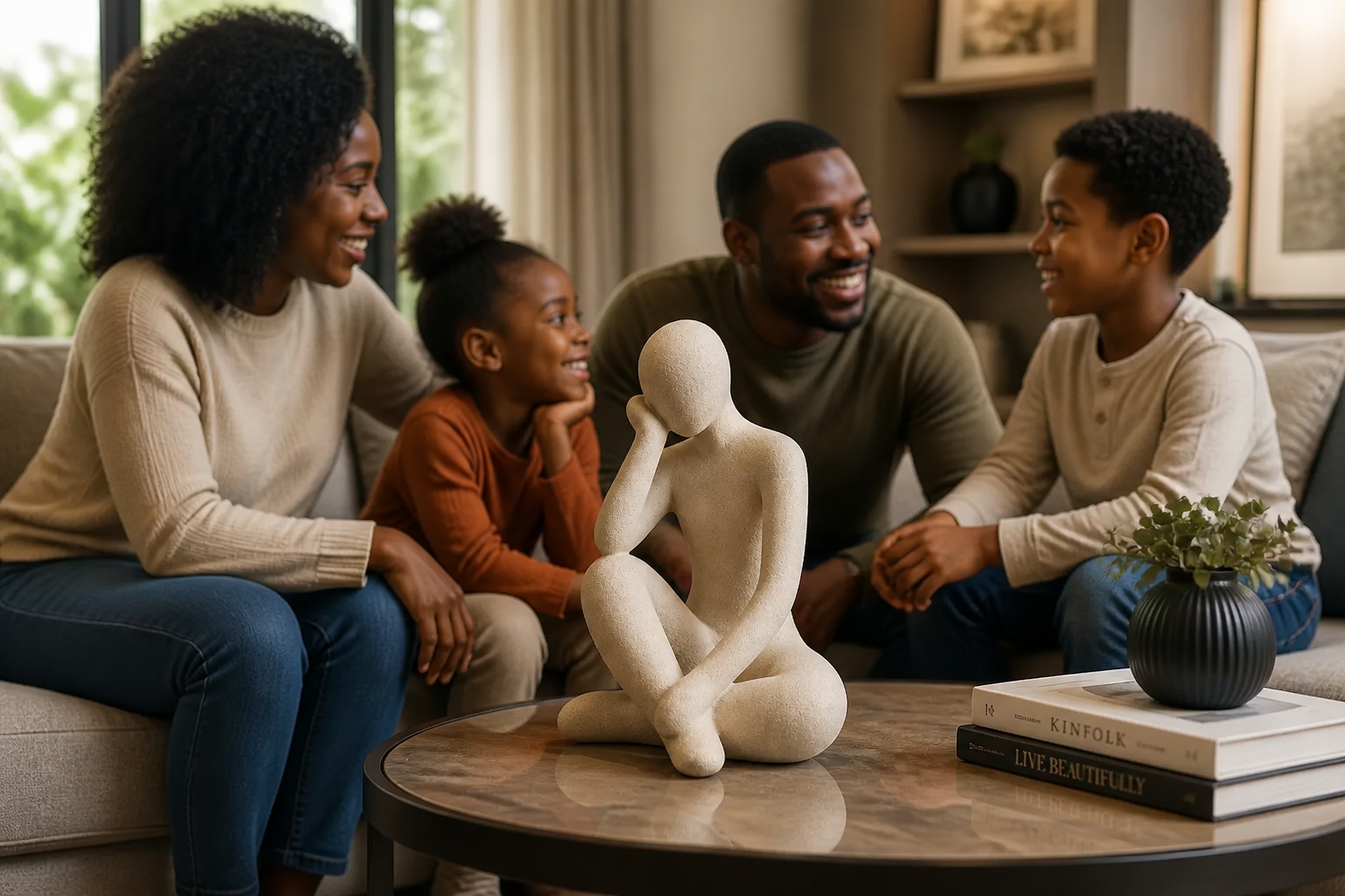 Image of a happy diverse African family interacting warmly in their modern living room where the Thinker Accent sits beautifully as a centerpiece on the coffee table