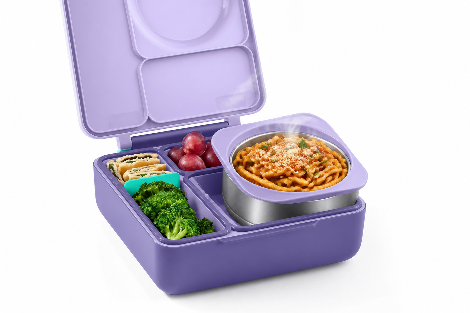 보라색 Bento Box가 따뜻한 음식을 담고 있는 모습
