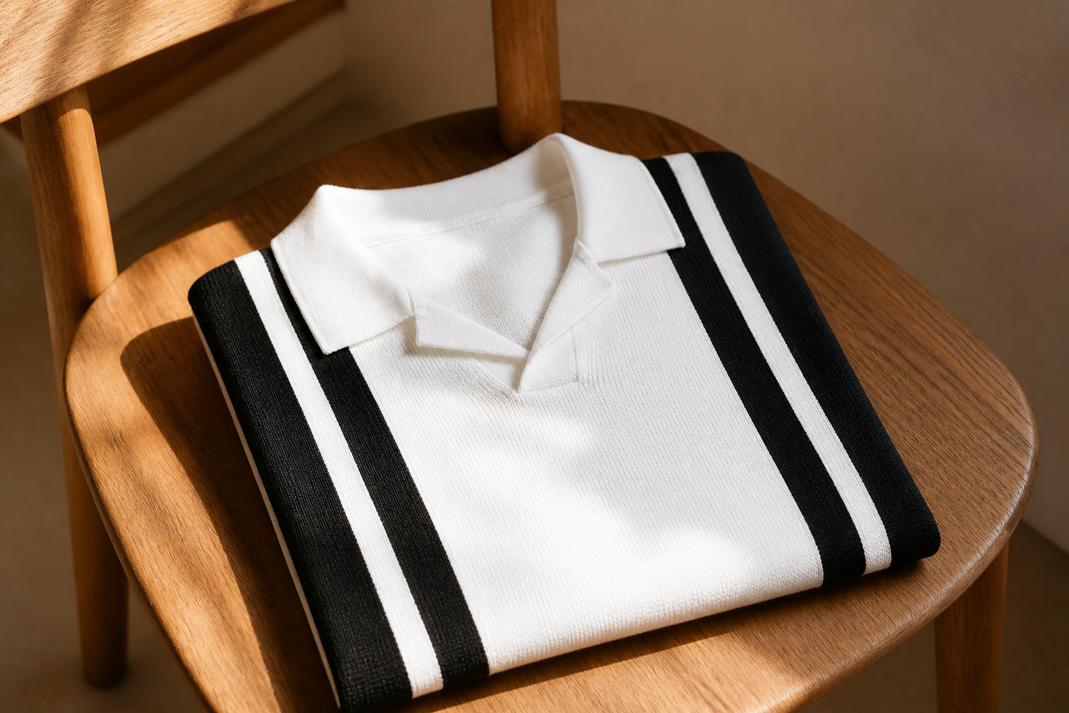 Polo shirt folded neatly on a wooden chair, warm natural light, ready-to-buy retail product photograph