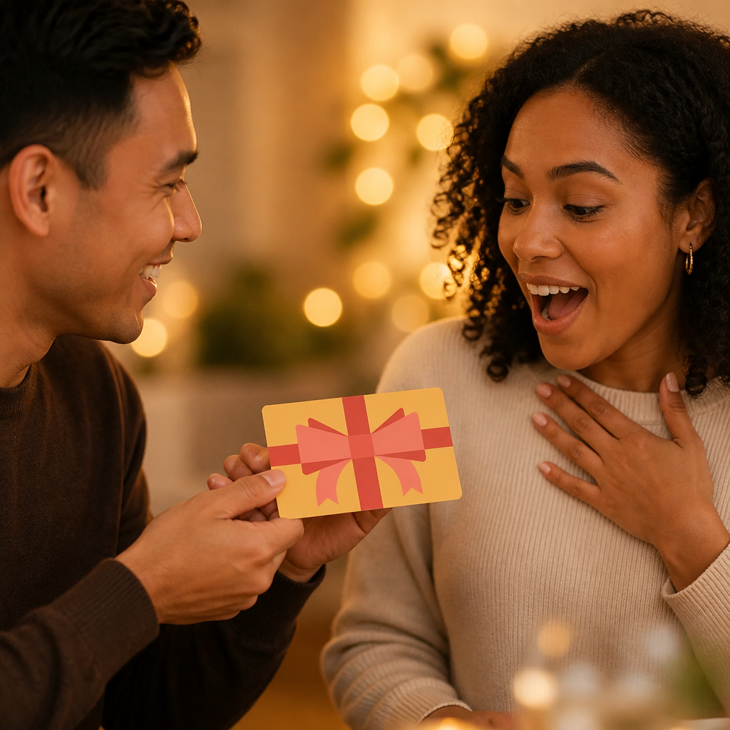 A person happily presenting an elegant gift card to a surprised and delighted recipient, surrounded by soft golden bokeh lighting and warm celebratory atmosphere