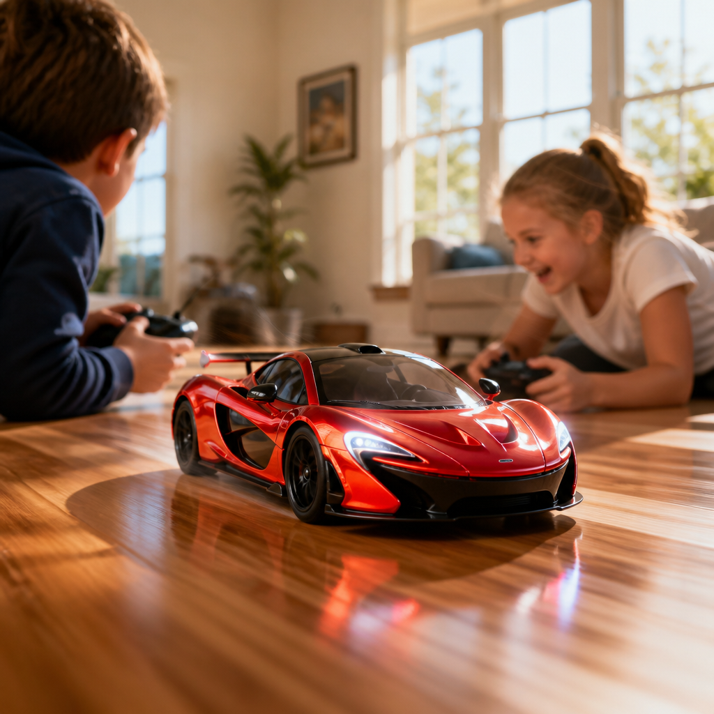 Lifestyle shot of two joyful kids racing their red McLaren P1 RC car across a sunlit living room hardwood floor, motion blur showing speed and excitement