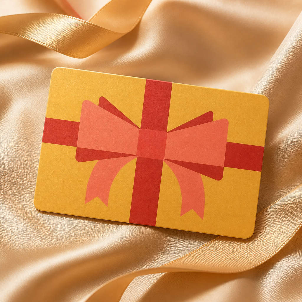 Bright clean elegant gift card design displayed on premium decorative background with satin ribbon, professional product photography