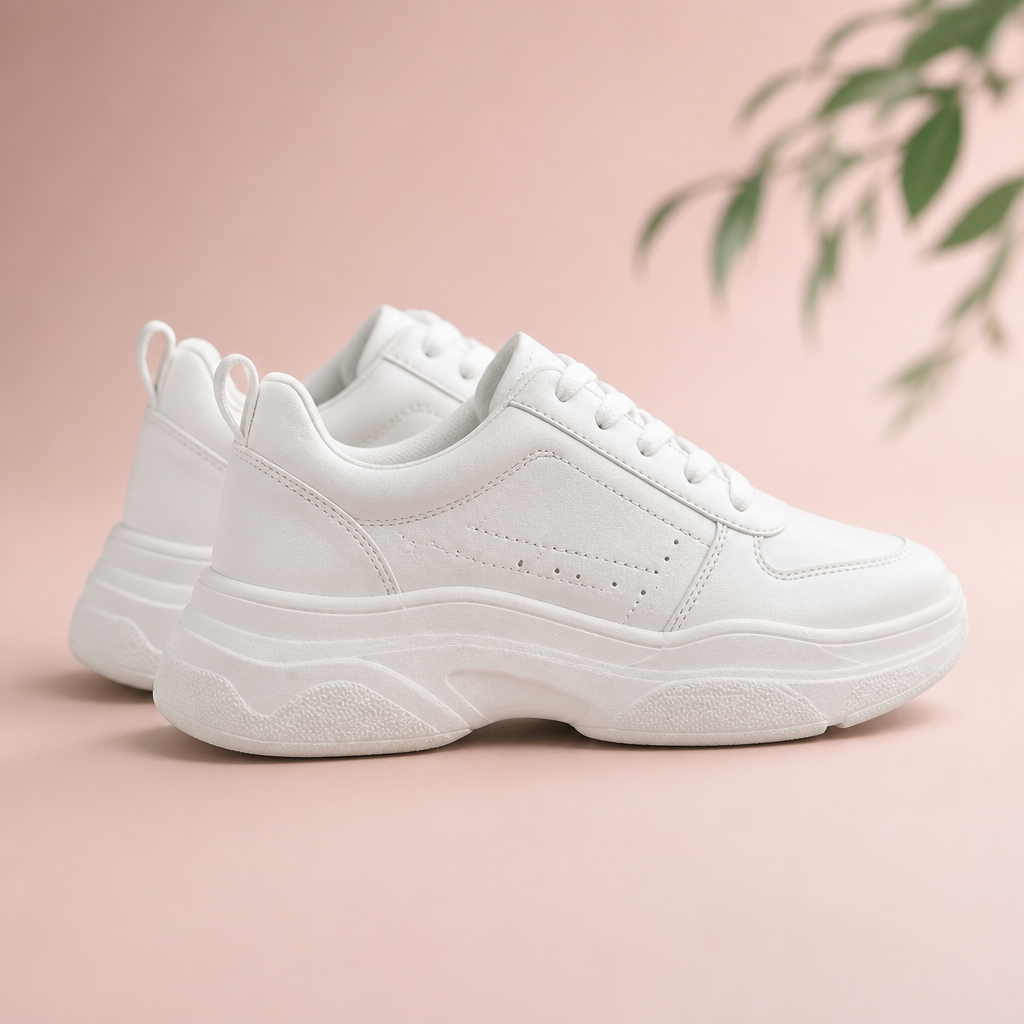 Clean studio product shot of Nike Sneakers 3 from the side profile showing the iconic Nike swoosh logo, sleek shape and crisp white silhouette on a soft pastel background