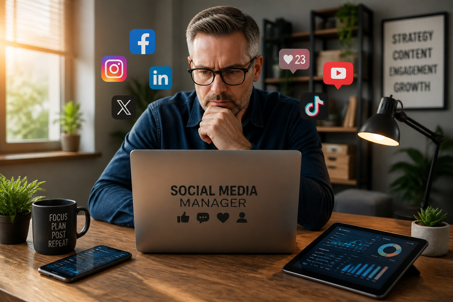 Social media manager analyzing engagement metrics on multiple devices with colorful social media icons