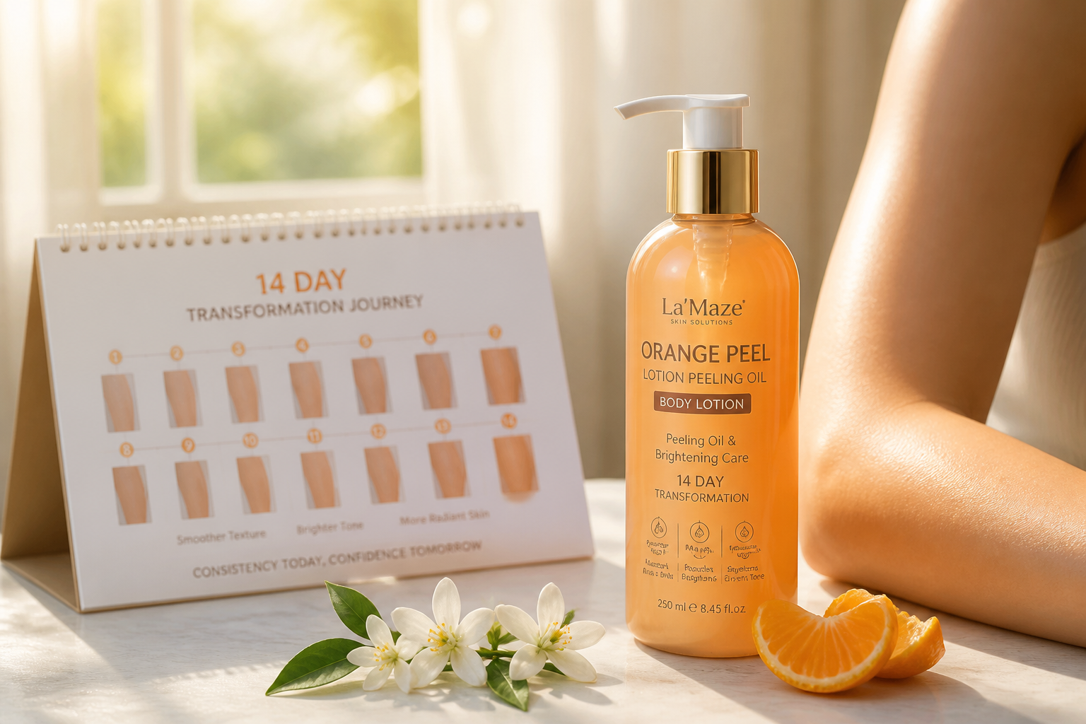 Open calendar showing a 14 day transformation timeline next to a soft glowing bare arm bathed in golden morning sunlight