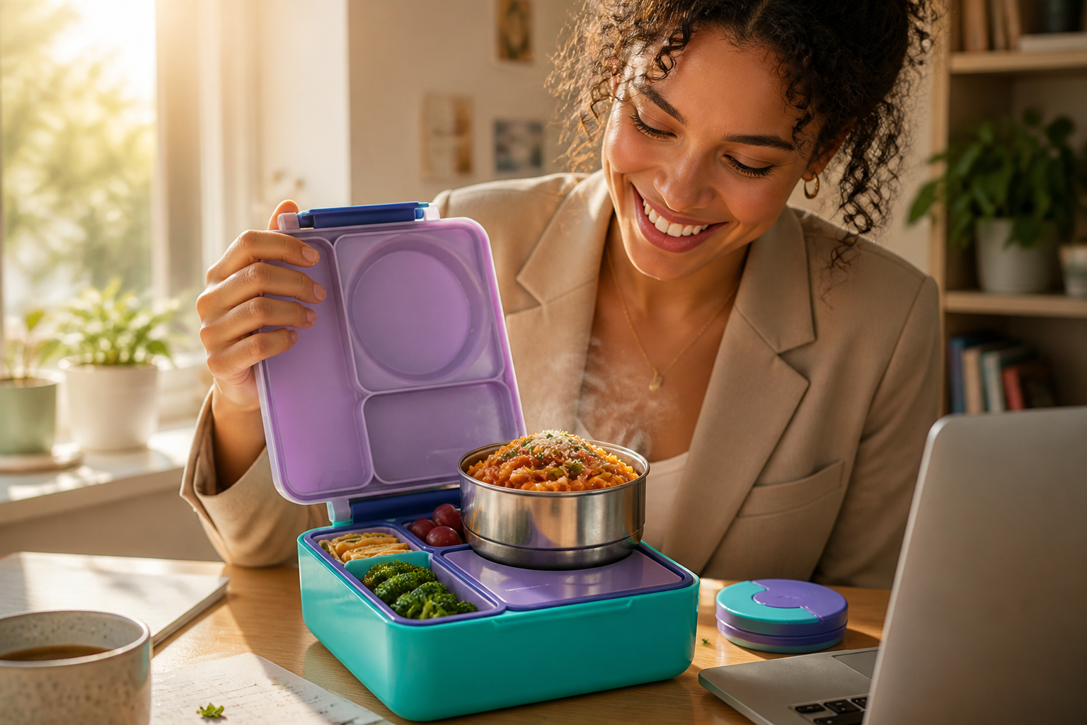 Bright joyful lifestyle shot of a happy young professional smiling while opening a vibrant teal bento box with steam rising from fresh colorful food inside, golden afternoon window light