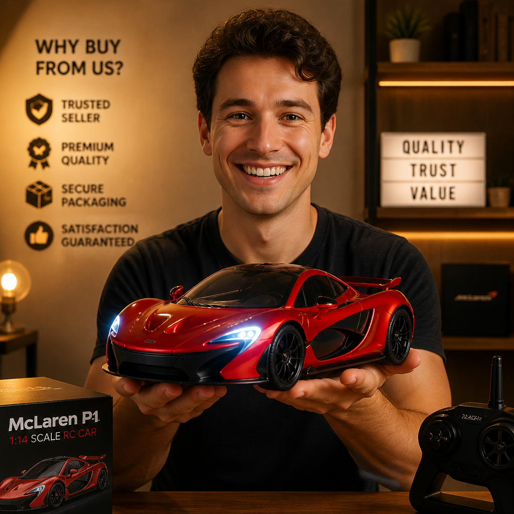 Smiling happy customer holding up their glossy red McLaren P1 RC car with bright LED headlights glowing, set against a warm trust badge backdrop with a 100% guarantee seal