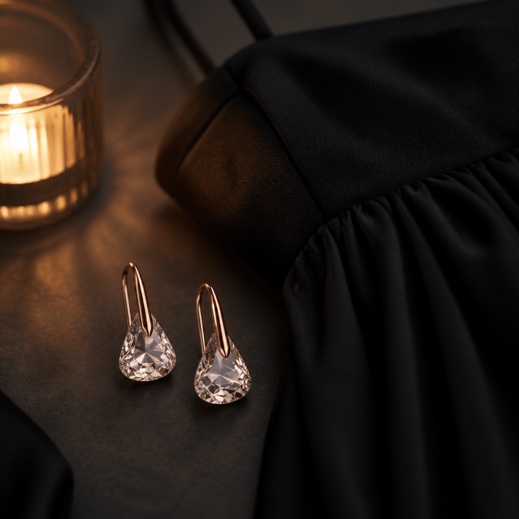 Flat-lay evening styling with a little black dress folded softly, pink Lunar earrings placed beside it on a dark moody surface, soft mood lighting with candles