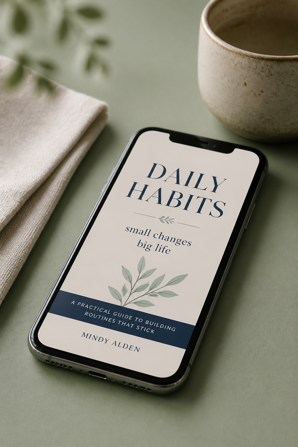 Phone showing a daily habits e-book cover on a sage green background with navy elegant typography