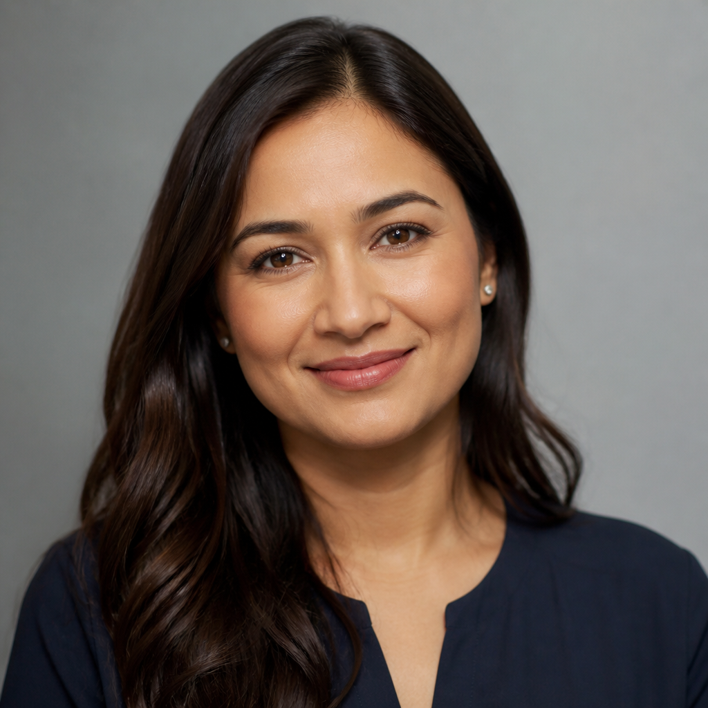 Portrait of an Indian woman in her thirties with long dark hair smiling warmly, soft natural daylight, shallow depth of field, friendly expression, casual modern attire