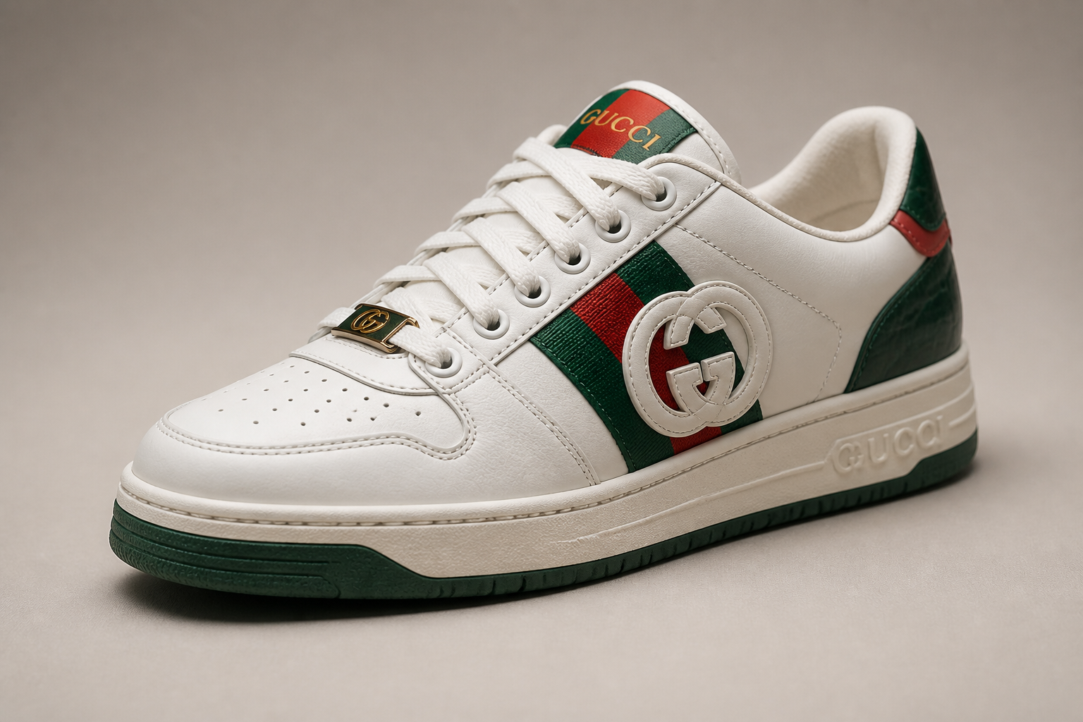 Generic expensive designer sneaker with loud branding and visible logos on neutral background