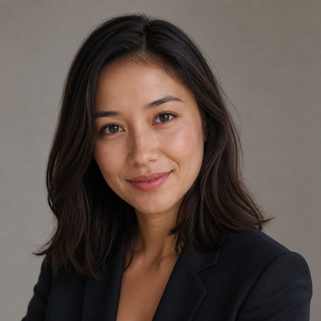 Friendly headshot of an East Asian woman with shoulder-length dark hair, warm natural smile, soft window light from the side, neutral beige background, shallow depth of field