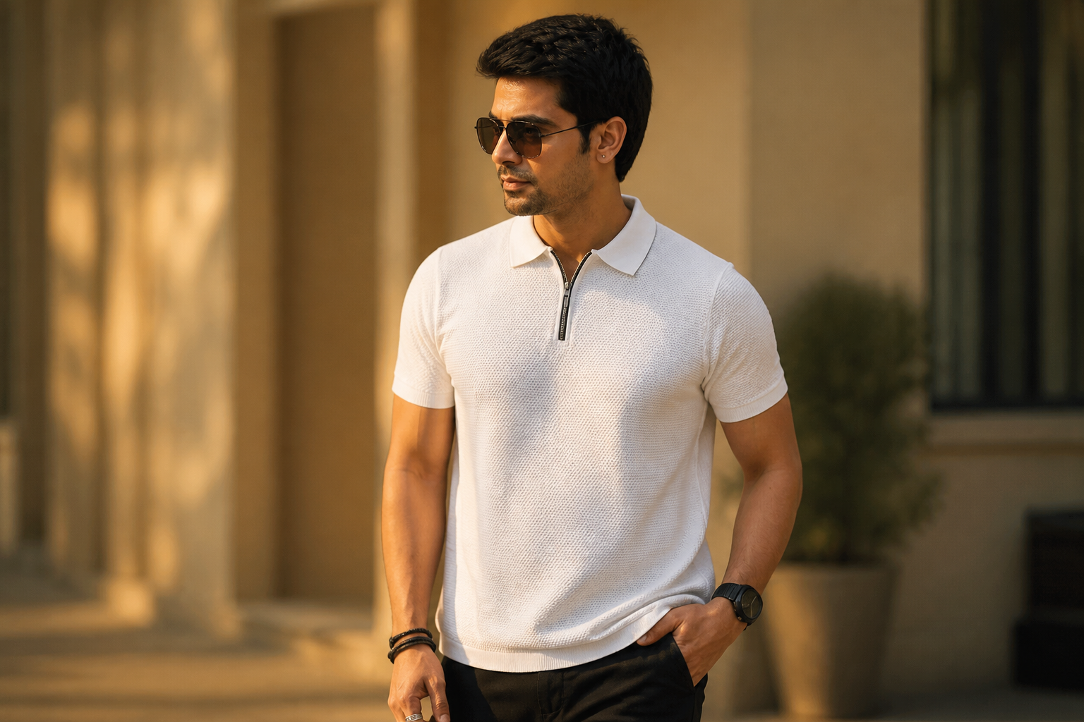 Editorial hero portrait of a confident man wearing the white Posh Monk textured flat-knit polo walking in soft golden-hour daylight with a minimal warm-toned backdrop