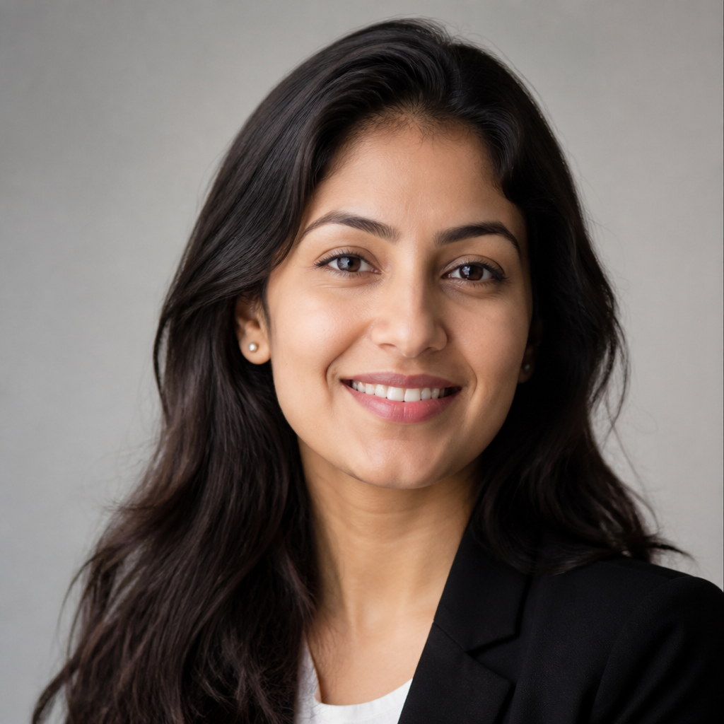 Cheerful young Indian woman with shoulder-length hair modeling the glittering Dextera hoop earrings in bright studio lighting, head tilted gently with a confident smile