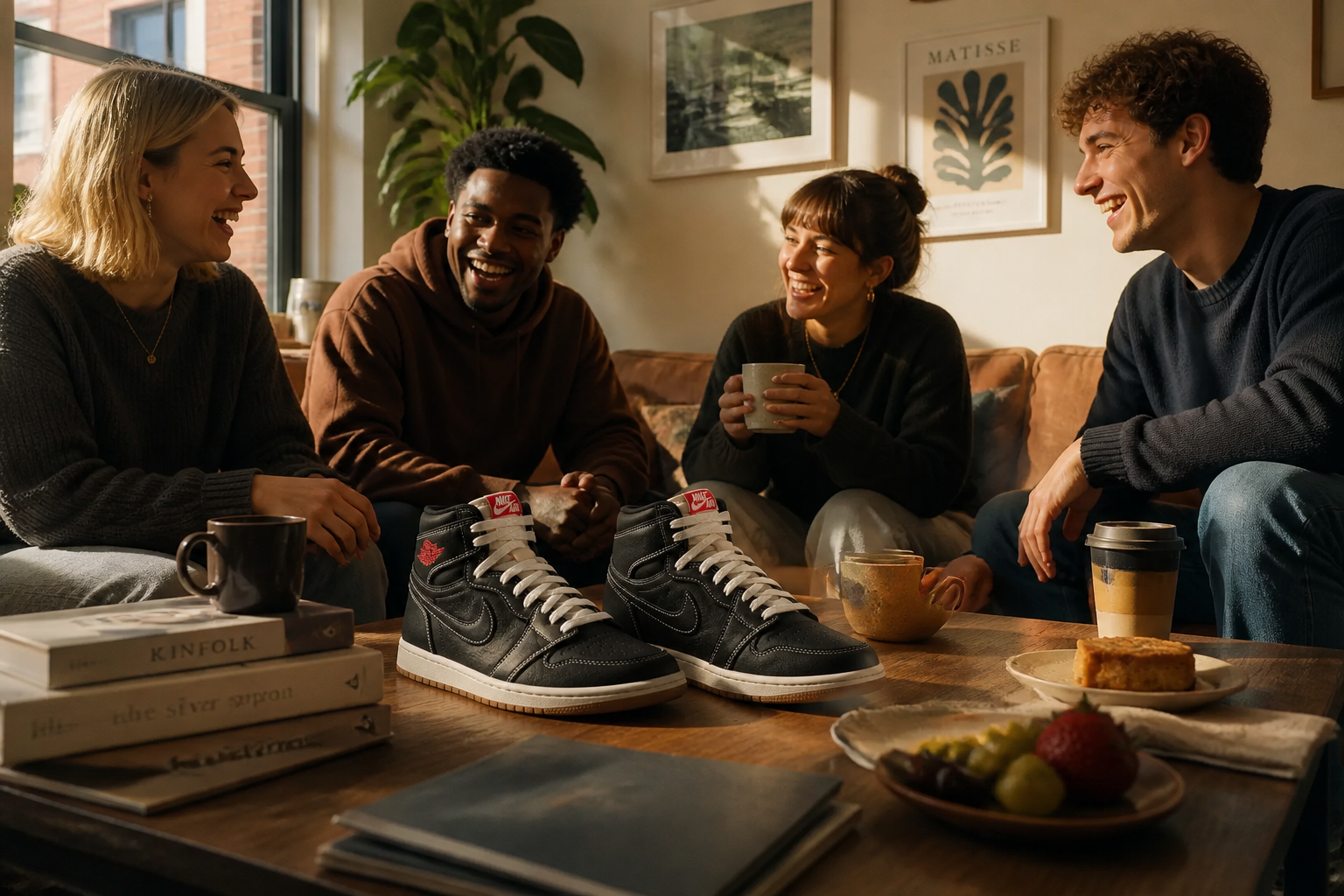 Wide lifestyle scene of diverse friends gathered around a coffee table sharing the Test gateway type product together and laughing in a sunlit apartment