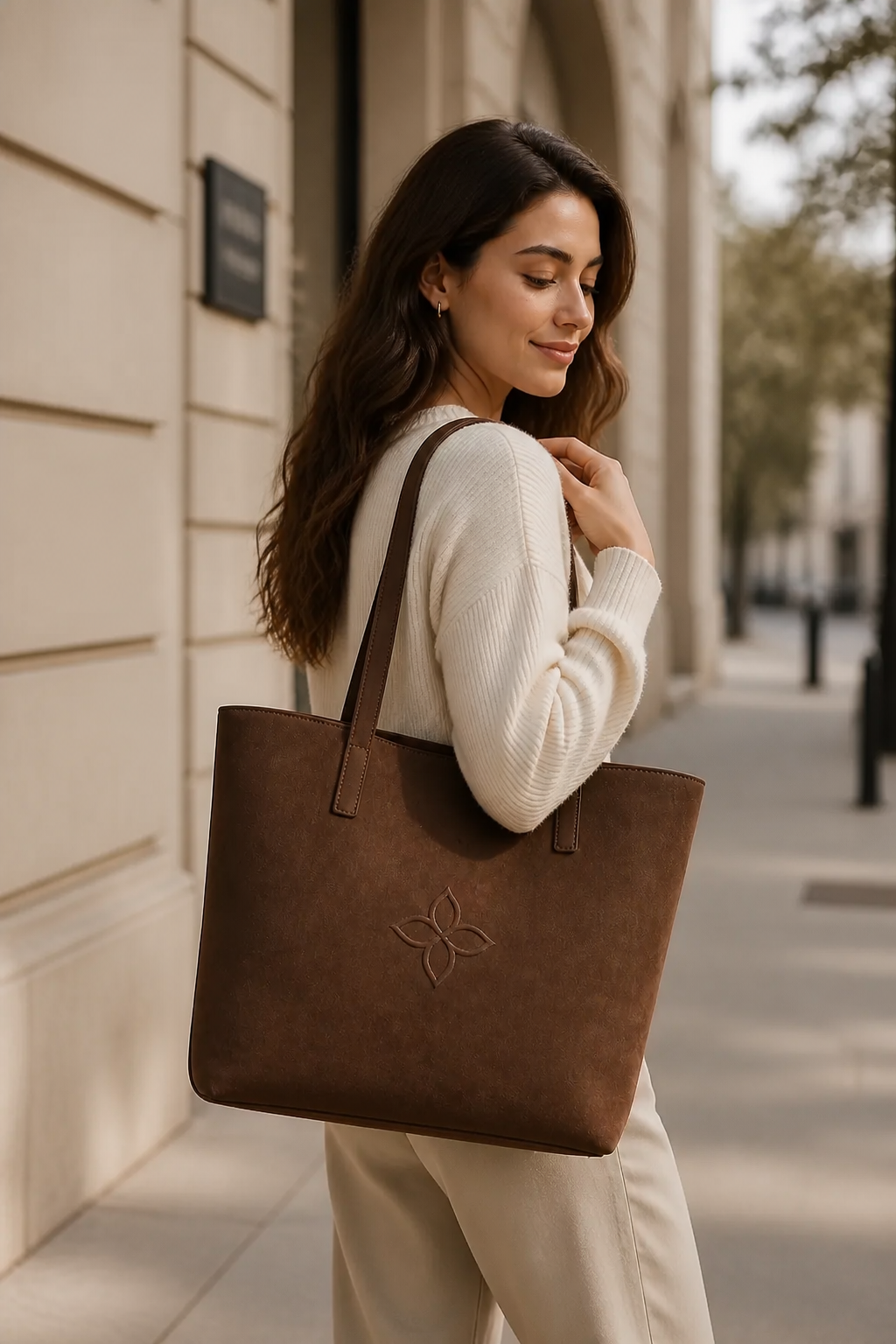 Editorial lifestyle shot of a person walking through a calm city street holding an Everyday Tote Bag, soft daylight, minimalist architecture in the background, candid and serene mood