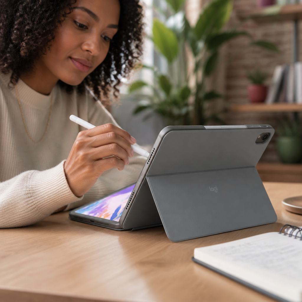 Sketch mode showing iPad Air tilted at perfect angle for drawing with Apple Pencil, keyboard folded behind