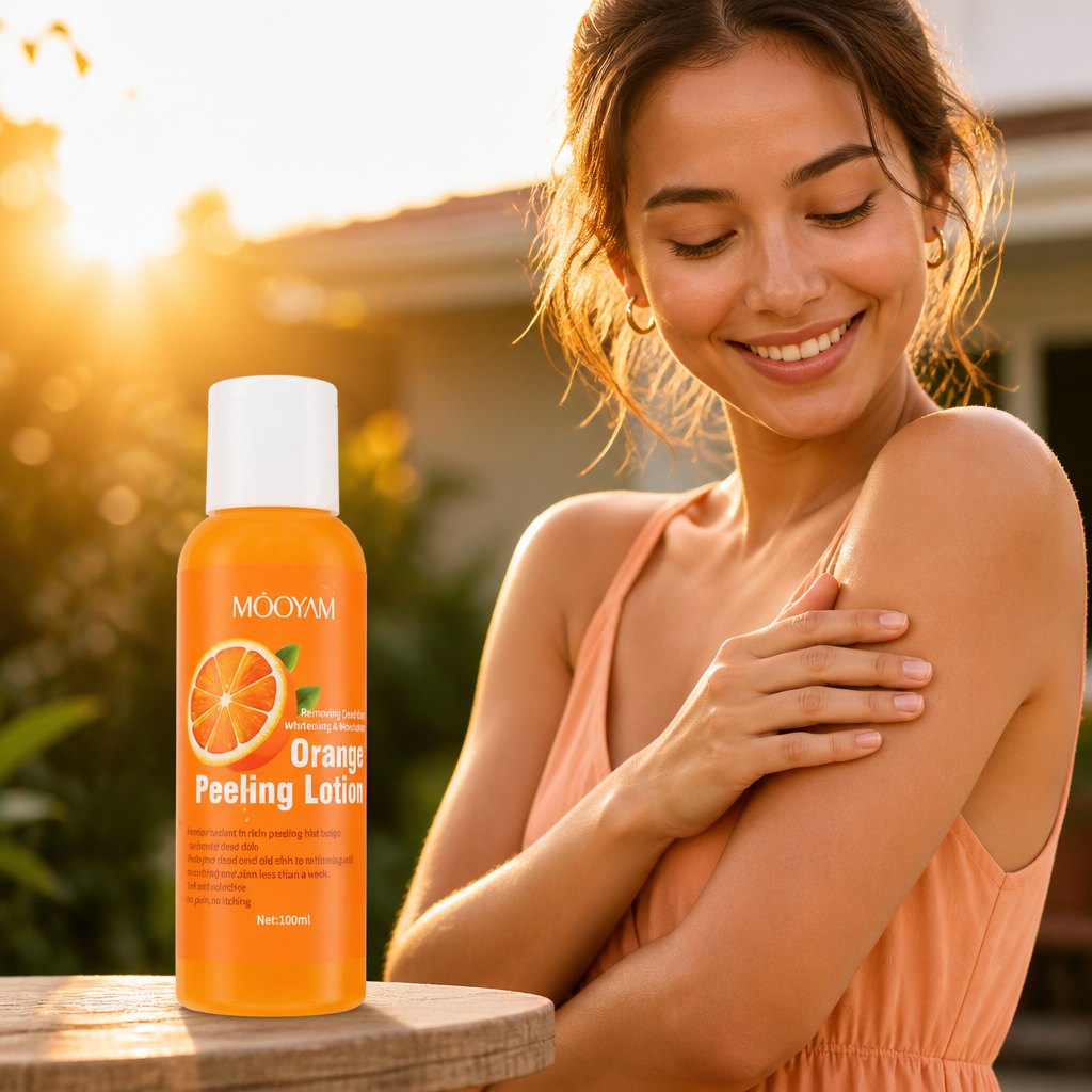 Confident woman in a sleeveless peach dress standing outdoors in golden hour sunlight with soft glowing skin and a natural warm smile