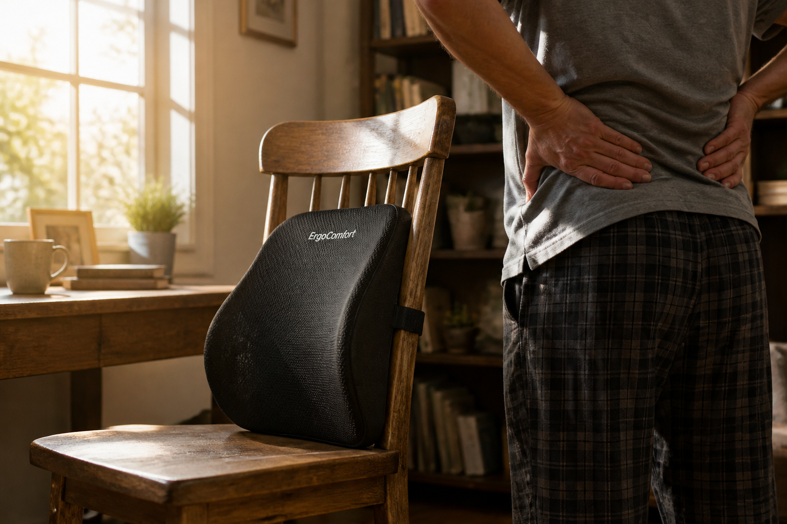 Tired person rubbing lower back near a creaky wooden office chair in soft warm morning light from window