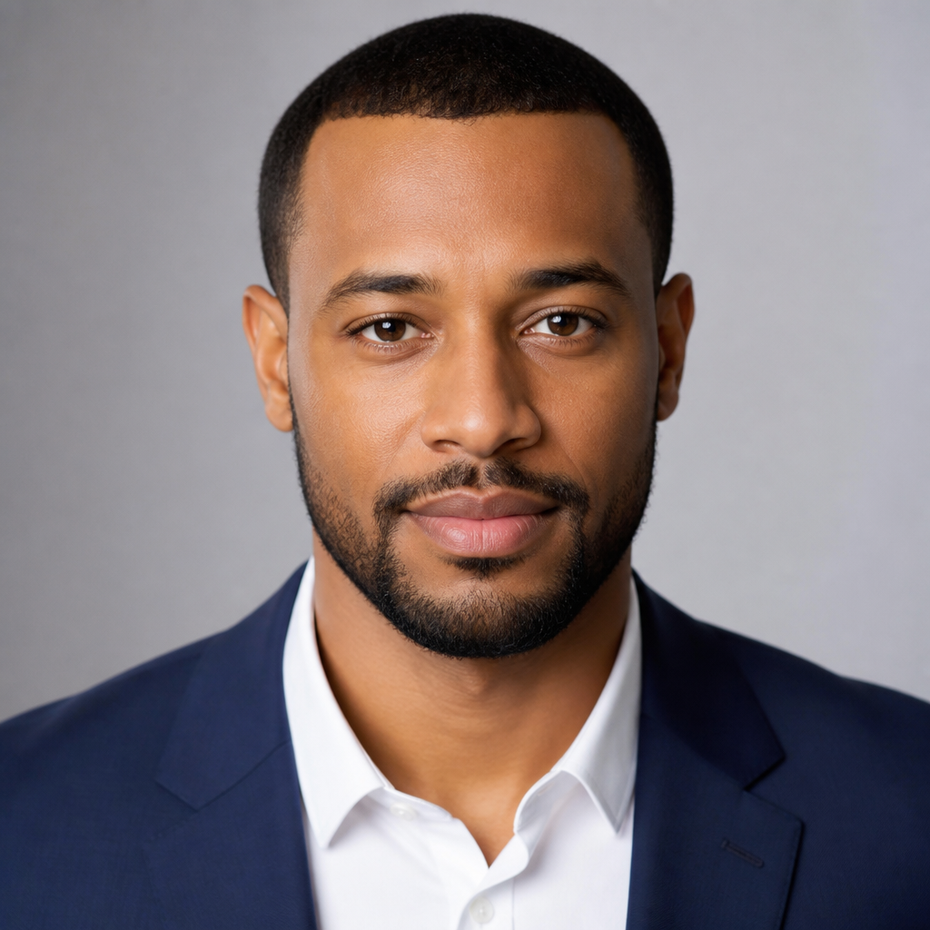 Young man with mixed heritage and warm brown skin, short hair and light beard, wearing a simple linen shirt, soft afternoon window light, candid smiling portrait