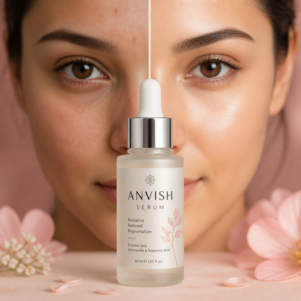 Split face beauty portrait showing dull uneven skin on left transforming to glowing radiant skin on right with Anvish serum bottle centered between them, editorial before and after style, soft pastel background