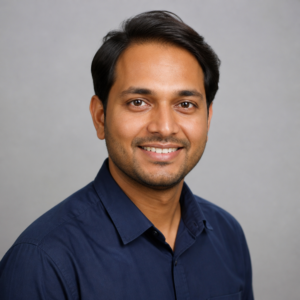 Indian man with warm skin tone and styled short hair, warm ambient light, approachable smile, professional headshot style portrait against a soft beige background