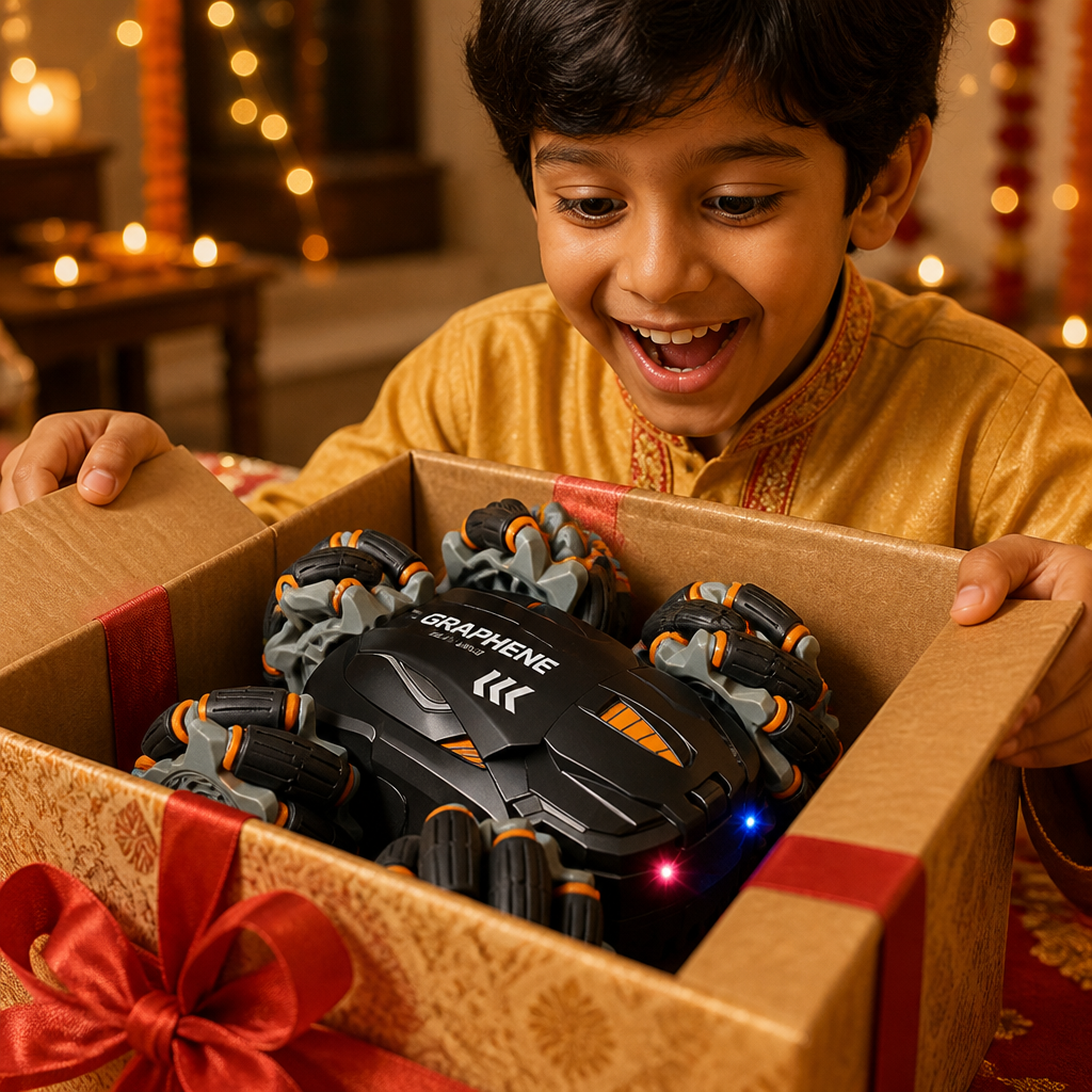 A GRAPHENE 4X4 car inside a festive gift box with red ribbons, an Indian child opening it with a huge smile, warm festive lighting