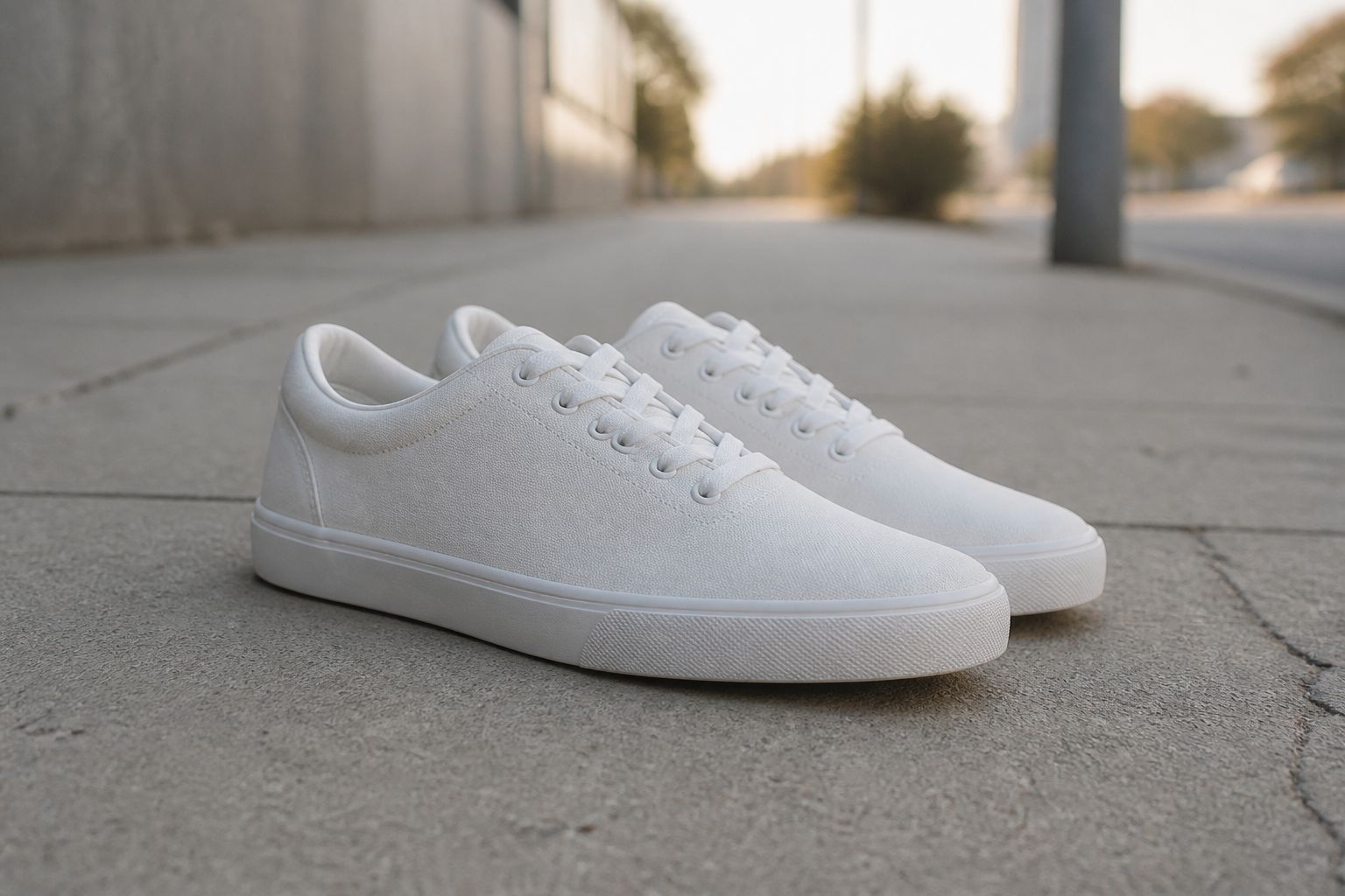Generic white sneakers with plain design and no distinctive features, representing ordinary footwear without character or style