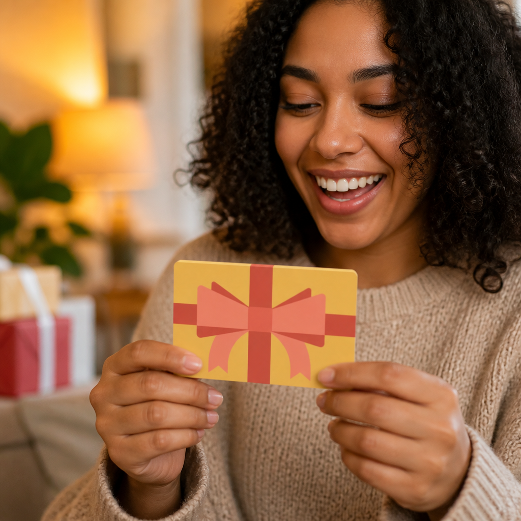 A surprise gift moment with someone happily receiving a gift card in a warm setting