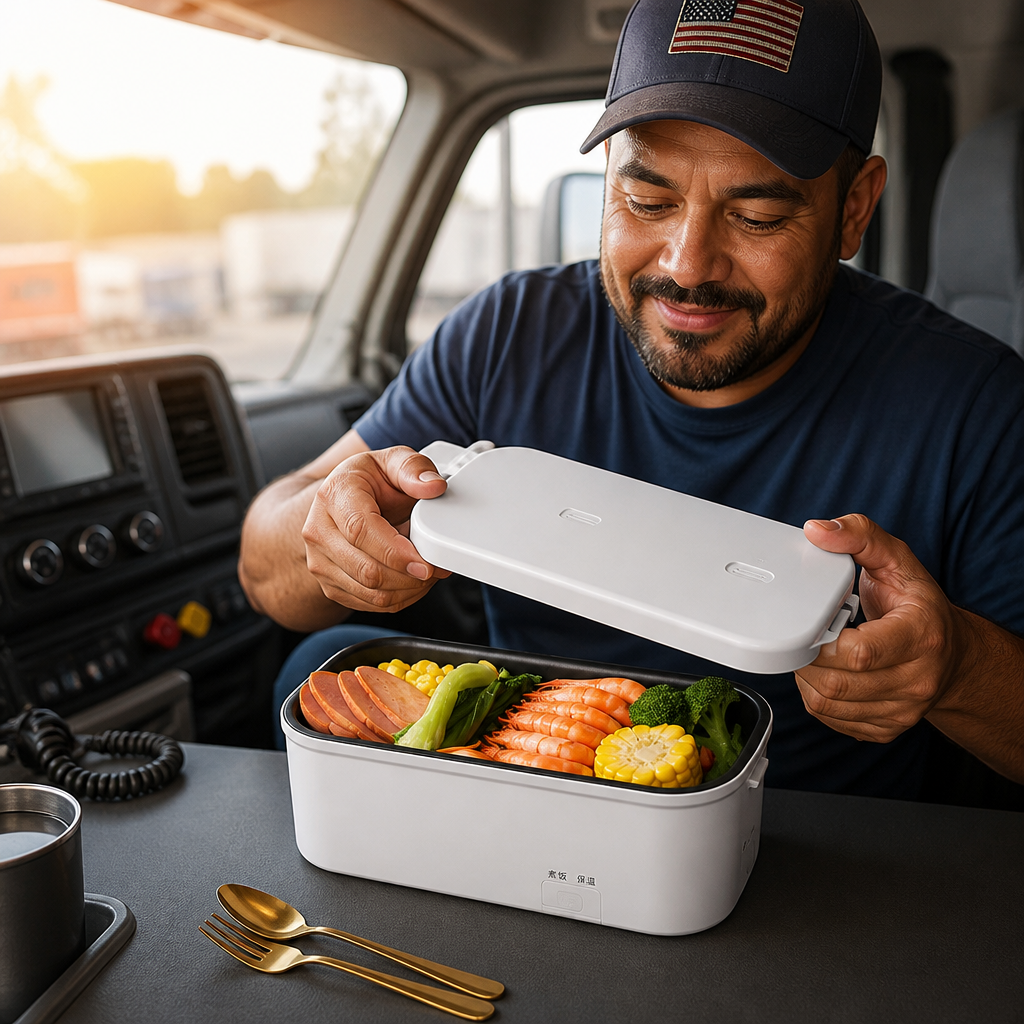 Truck driver on break inside truck cab eating hot meal from portable rice cooker, dashboard visible in background, morning light streaming through windshield