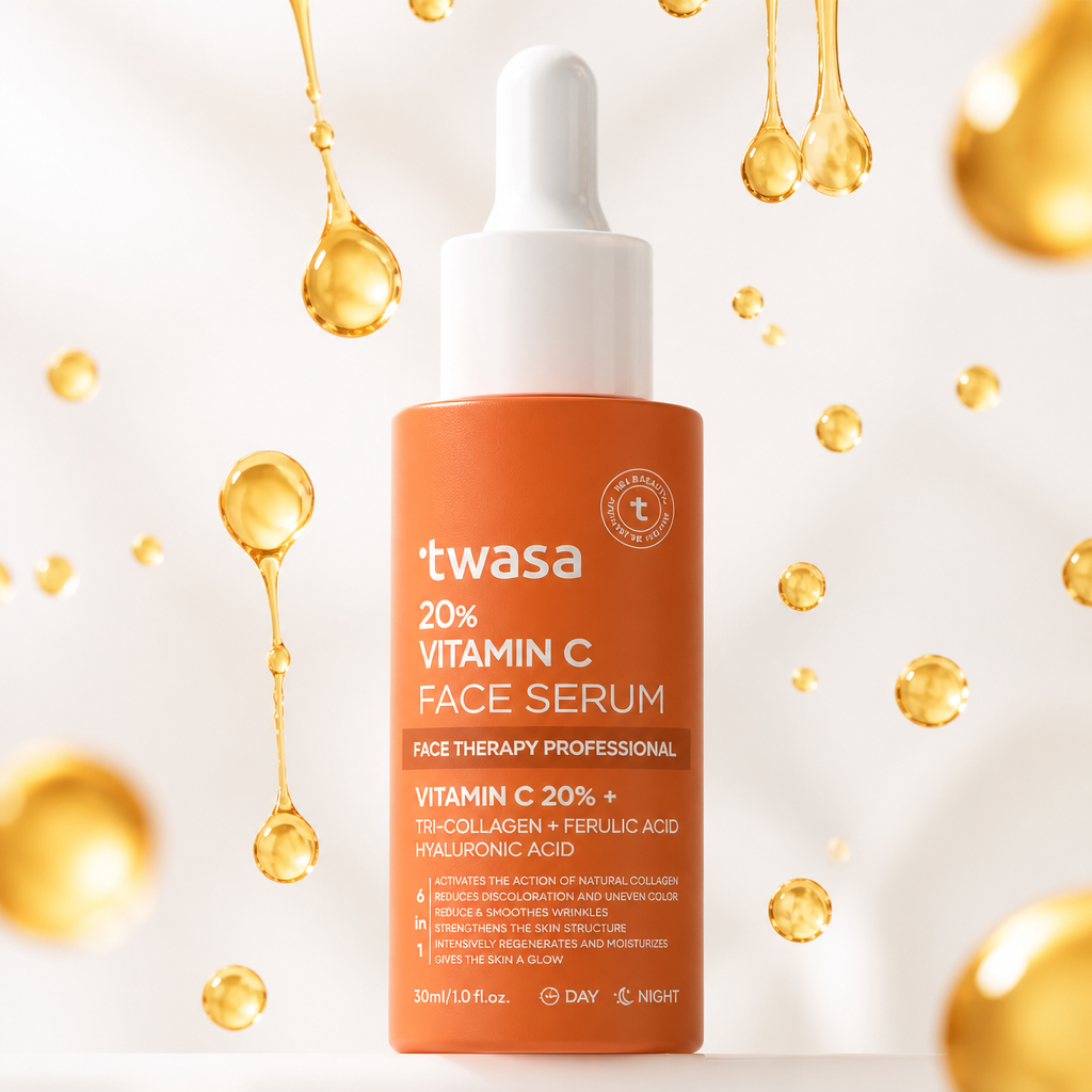 Close-up product photograph of Twasa Vitamin C serum bottle with golden Vitamin C drops falling around it on a clean white background