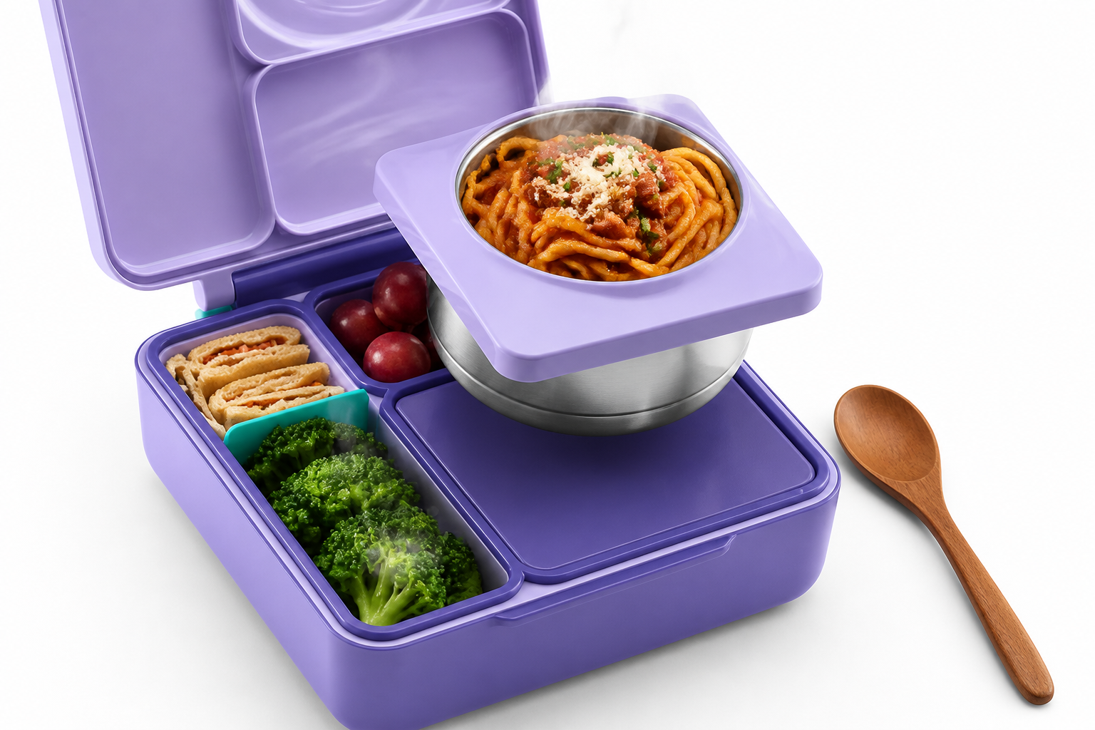Close-up overhead shot of a vibrant bento box opened to reveal steaming hot fresh food with warm golden ambient lighting and gentle steam wisps rising