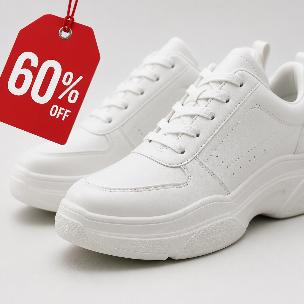 Bold offer banner showing the Nike Sneakers 3 on a clean background with a big red 60 percent off tag across the corner of the frame
