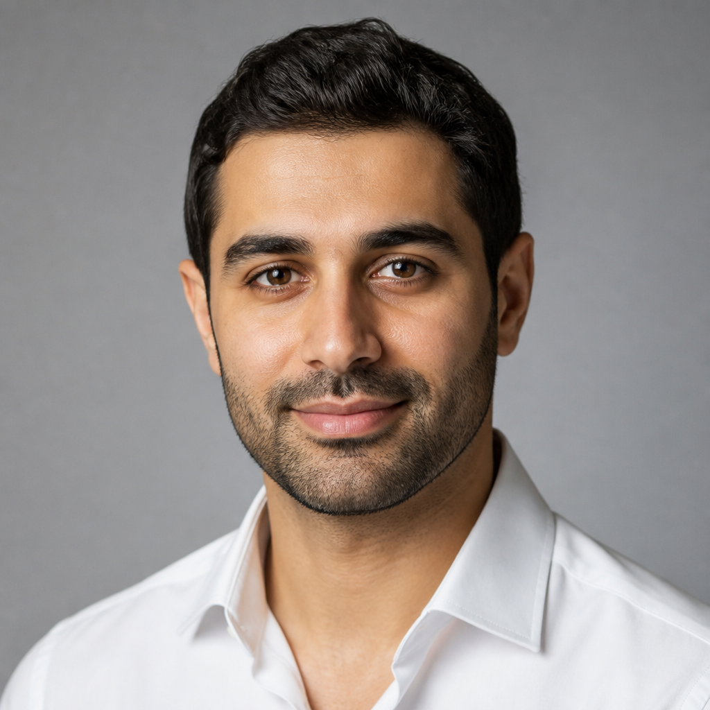 Friendly portrait of a Middle Eastern man in casual collared shirt, warm relaxed expression, soft natural light, modern Dubai office background with shallow depth of field