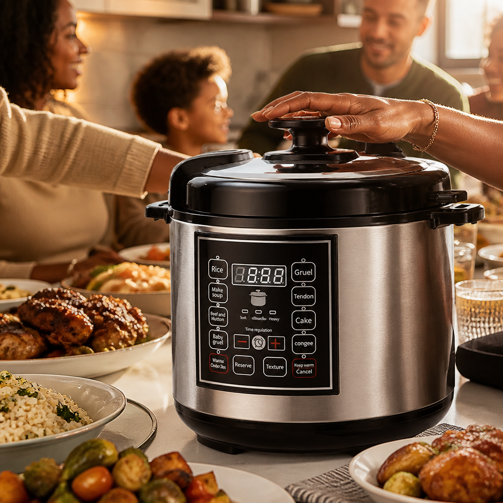 Warm family dinner scene with rice cooker on counter, steam rising from pot, golden hour lighting