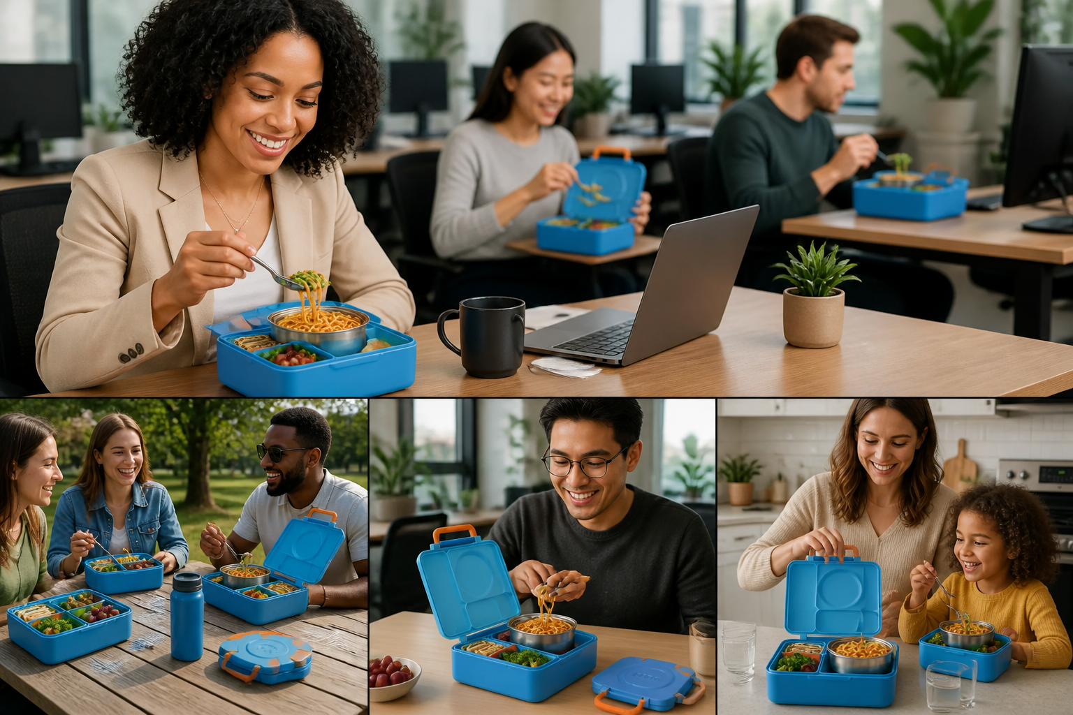 Diverse group of happy customers with their Bento Boxes enjoying delicious hot meals in various settings including office, outdoor, and home environments