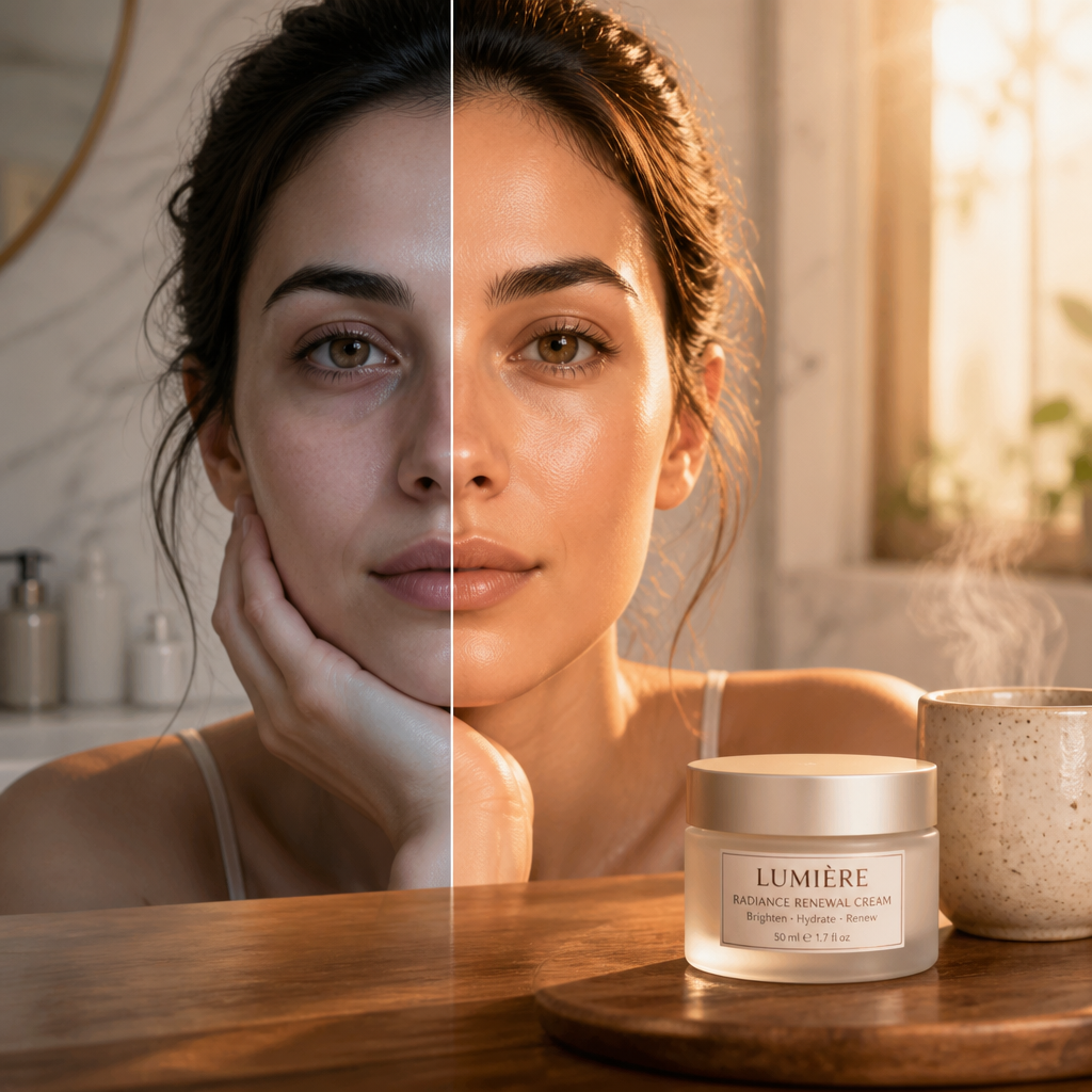 Cinematic split hero portrait: left side cool-toned tired skin, right side warm golden glowing skin transformation of a woman in morning light
