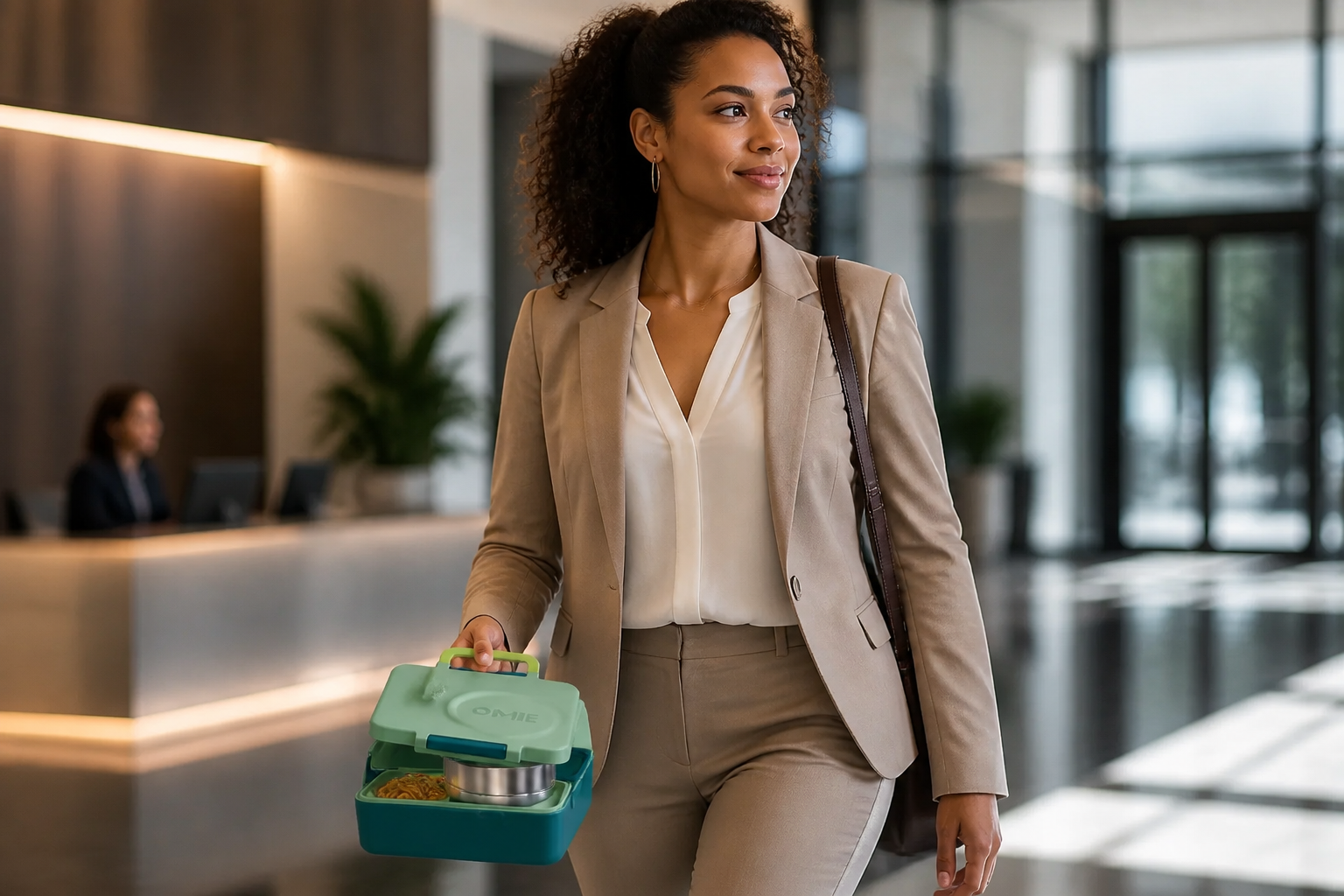 Stylish professional woman in business attire carrying the Bento Box while walking through a modern office lobby, natural lighting, aspirational lifestyle