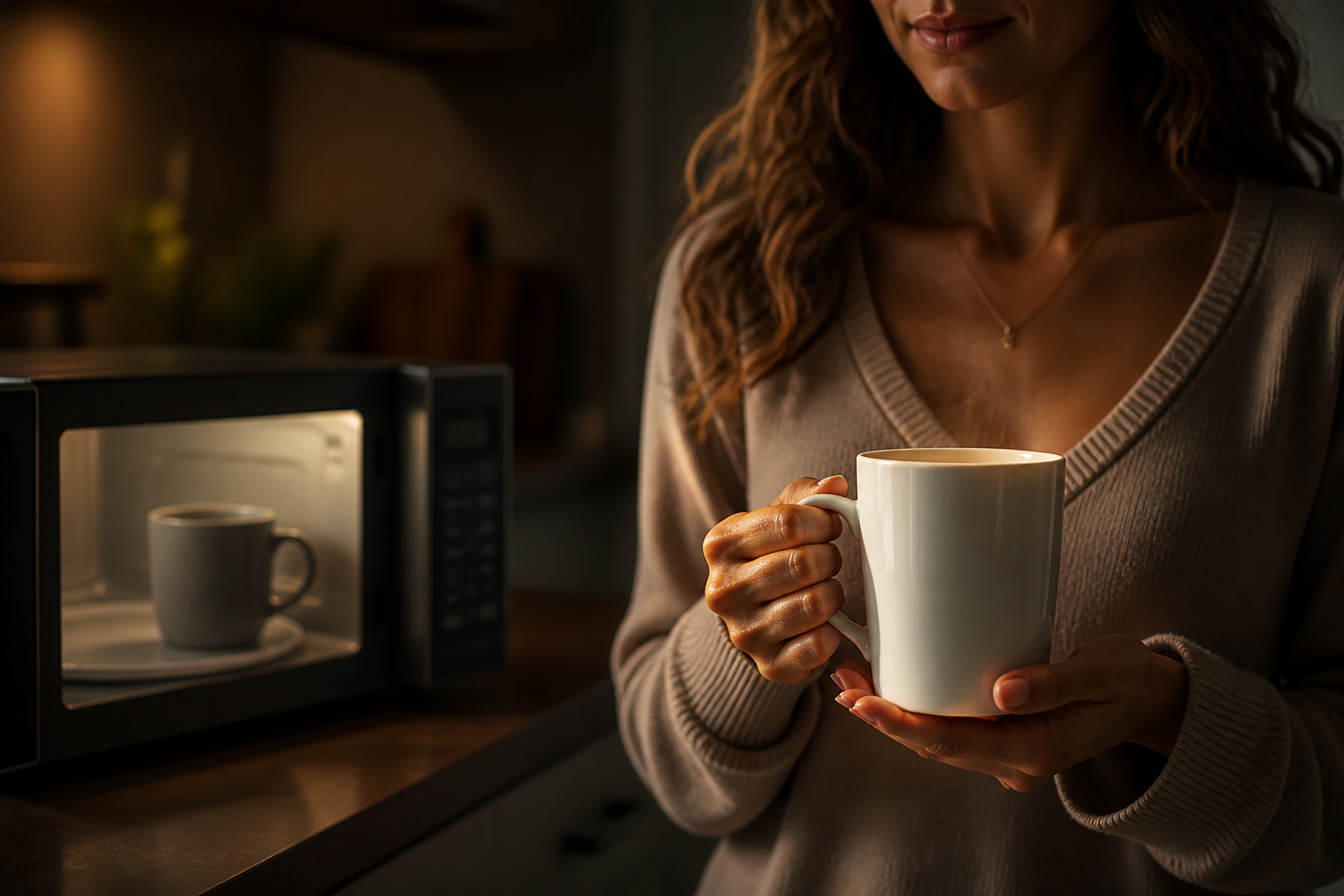Cinematic moody shot of a microwave in soft focus on the left with a cold flat coffee inside, contrasted with the Radiator Mug in the foreground right glowing warmly with steam, dramatic chiaroscuro lighting