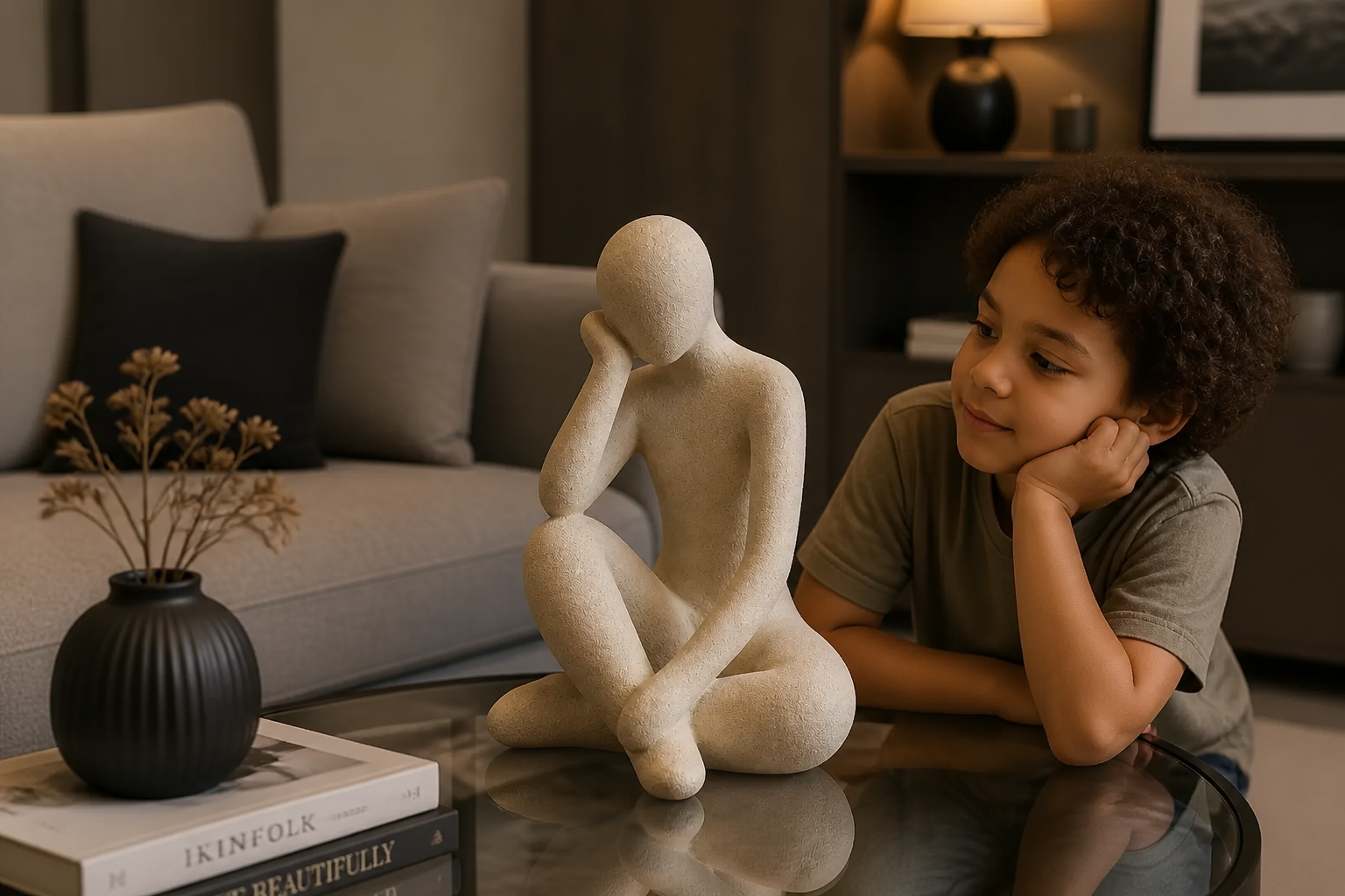 The Abstract Thought Thinker Accent elegantly displayed on a modern glass coffee table in a minimalist living room with soft overhead lighting